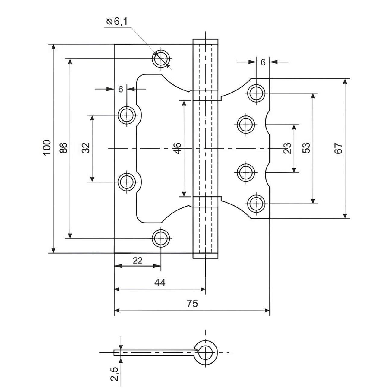 Петля без врезки Rucetti RFHN SC 100х75х2,5 мм мат. хром 1 шт