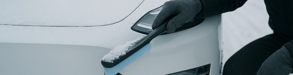 Водитель аккуратно очищает переднюю камеру электрокара мягкой щёткой в условиях зимнего снега