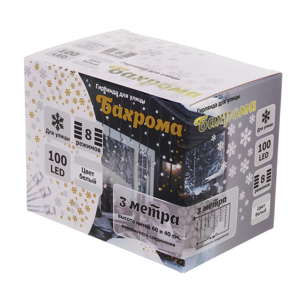 Гирлянда для улицы Бахрома Мерцание 3 м 40/60 см 100 ламп LED прозр. пров, IP54, белый, соединение