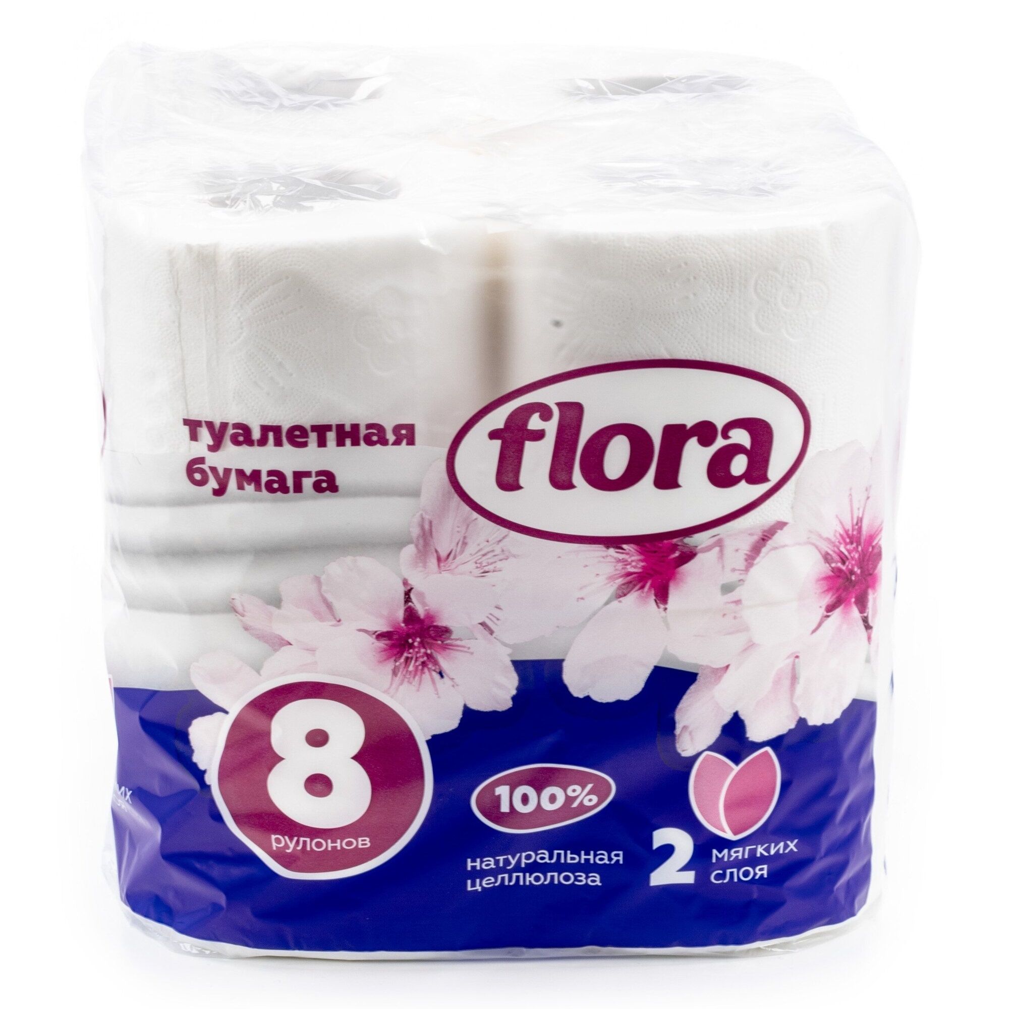 Туалетная бумага Flora 2-слойная белая 8 рулонов