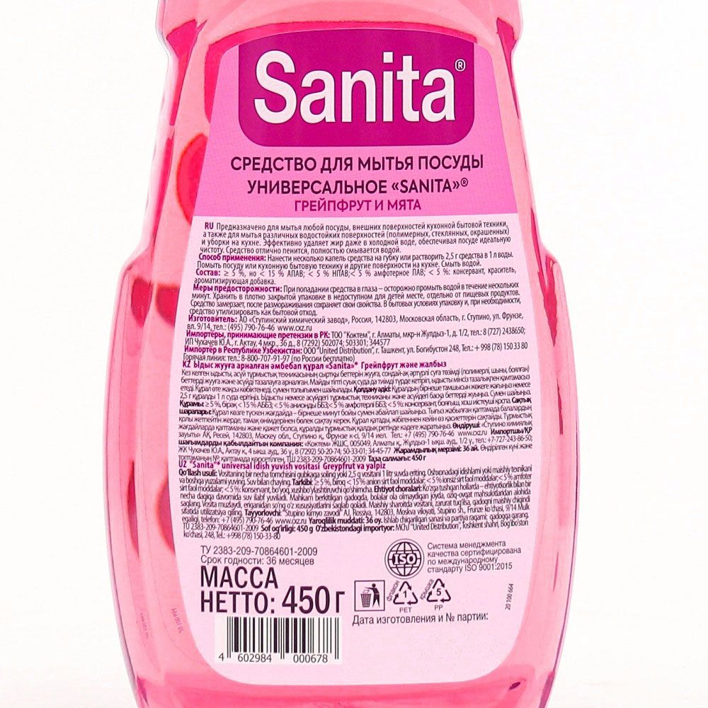 Средство для мытья посуды от засохшей пищи и жира Sanita Грейпфрут и мята 450 г