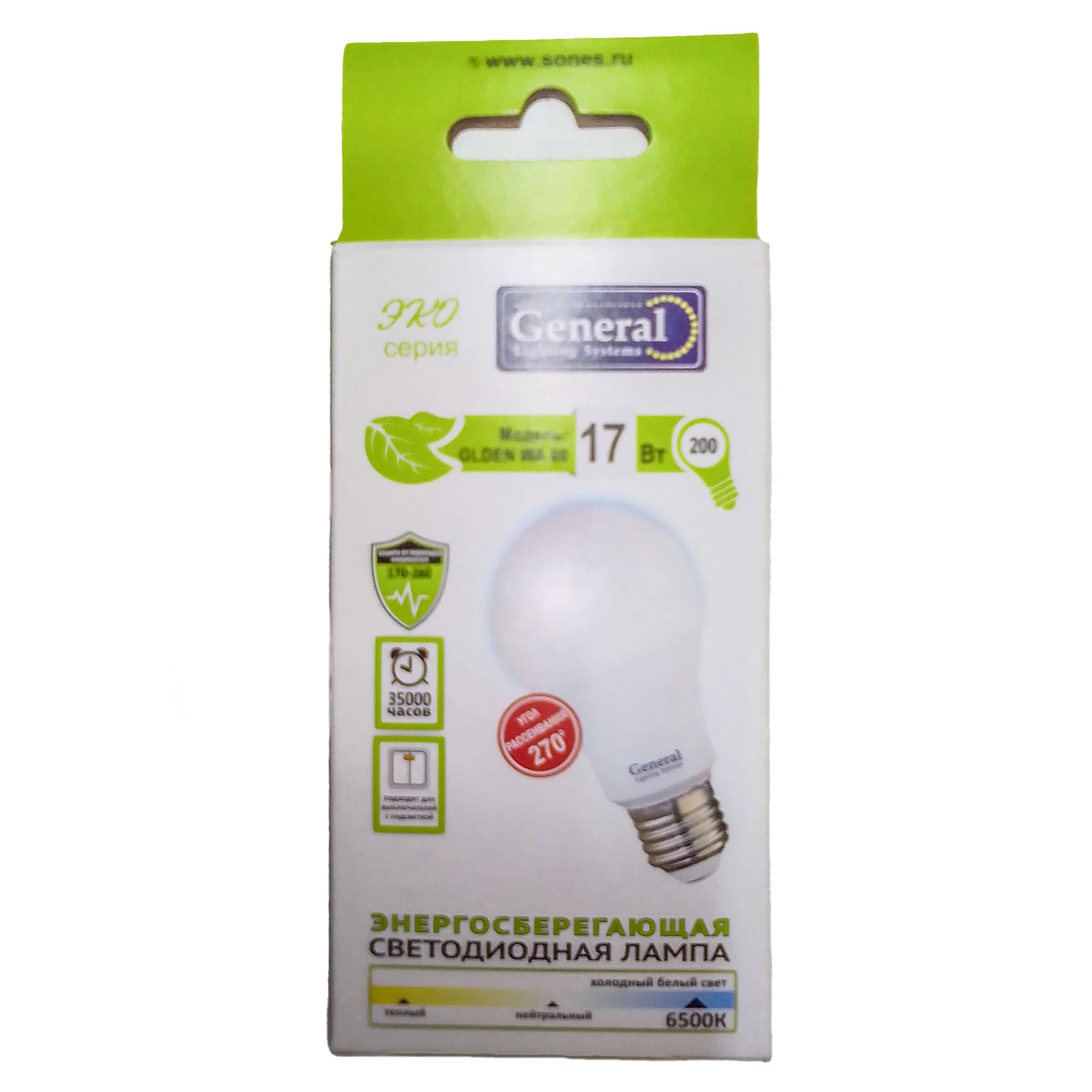 Лампа светодиодная LED General А60 17Вт 6500K E27 белая
