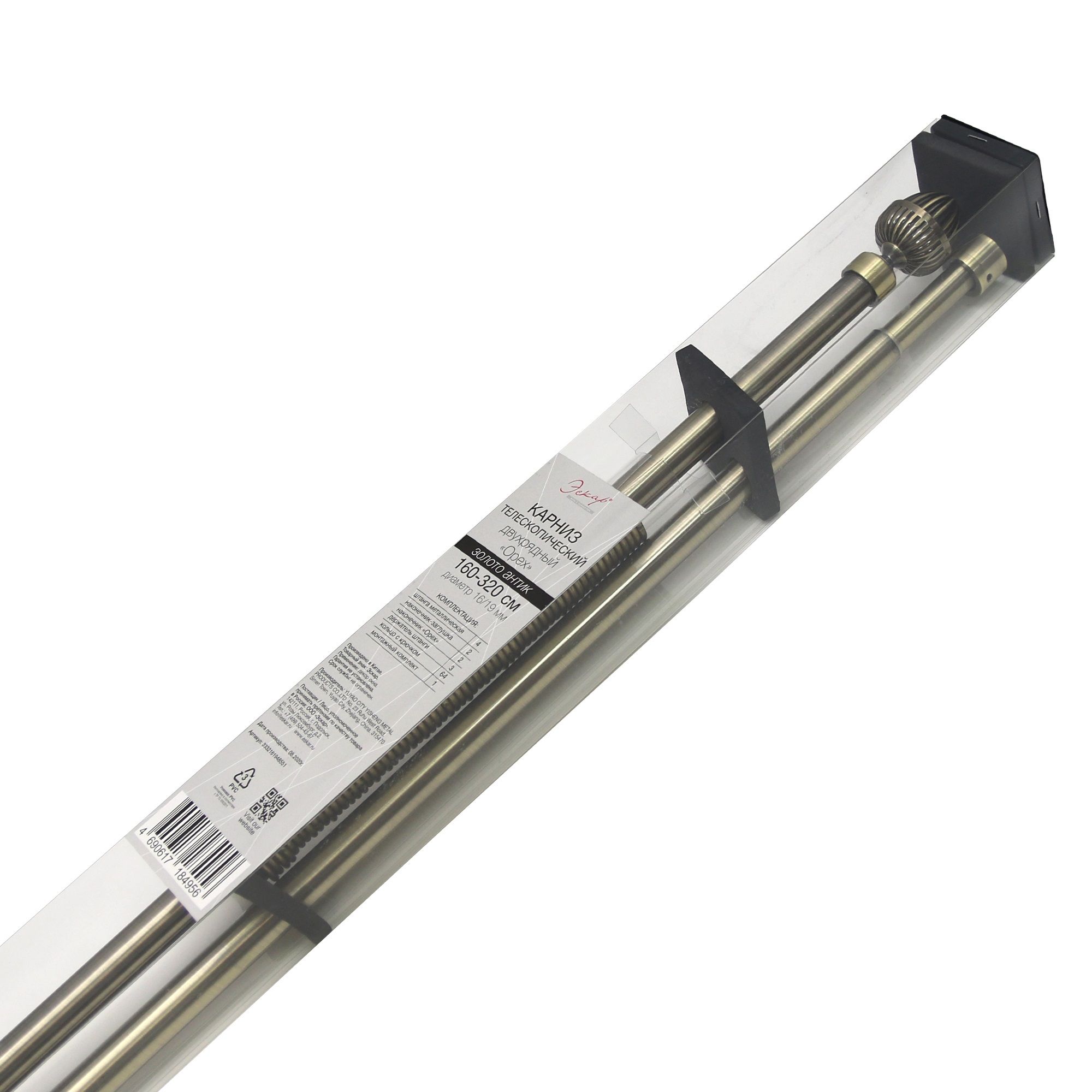 Карниз настенный раздвижной двухрядный d16/19 мм 160-320 см Орех золото антик