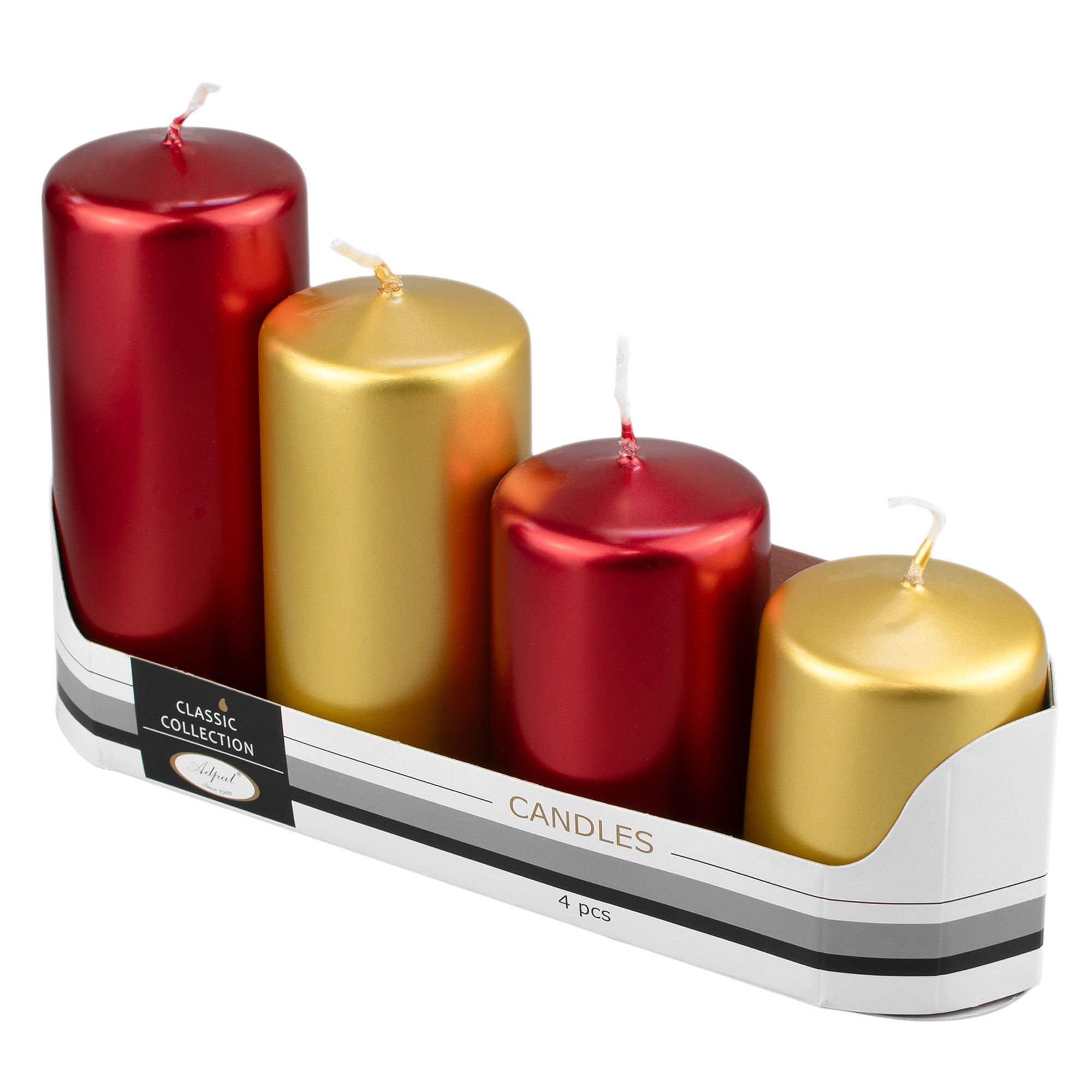 Набор свечей Adpal 4 шт 7/8/10/12х5 см красный и золотой металлик