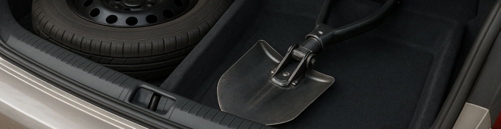 Складная лопата аккуратно лежит в багажном отсеке автомобиля рядом со запаской