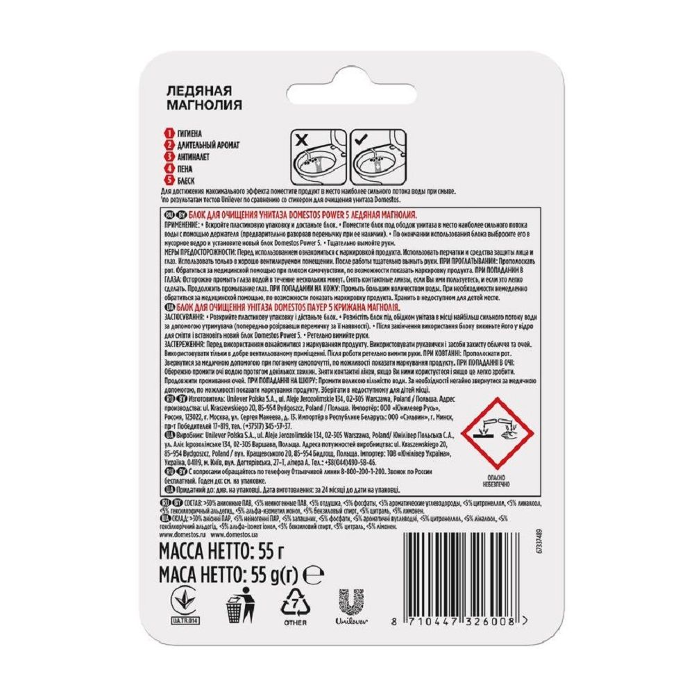 Блок для унитаза Domestos Ледяная магнолия 5*55г