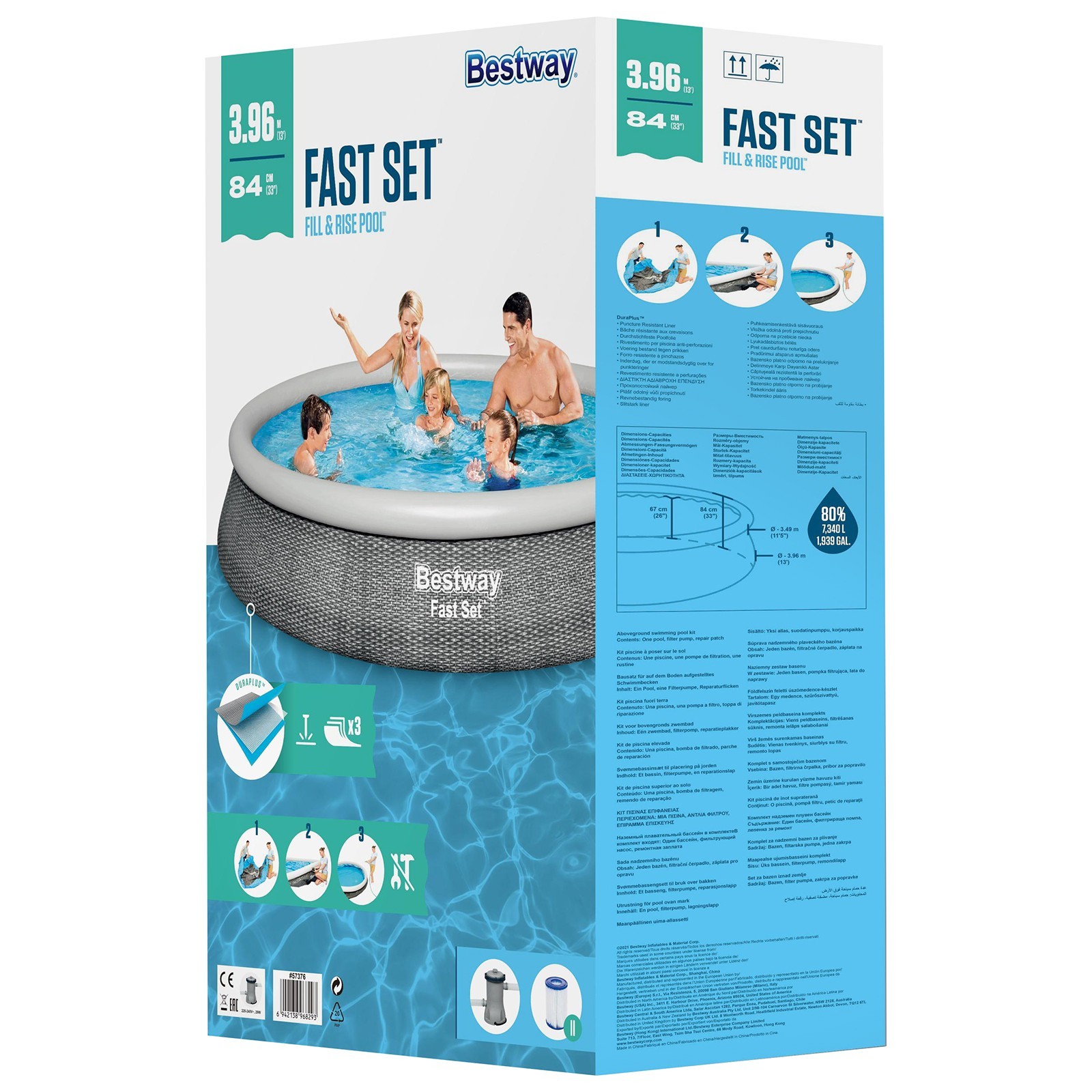 Бассейн надувной круглый 396х84 см 7340 л Bestway Fast Set 57376 (ф/насос)