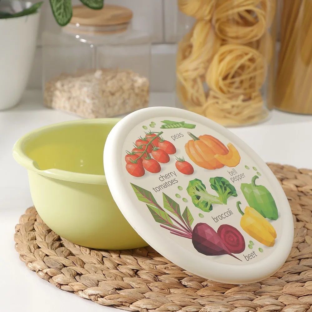 Миска круглая 1,2 л с крышкой с декором салатовая