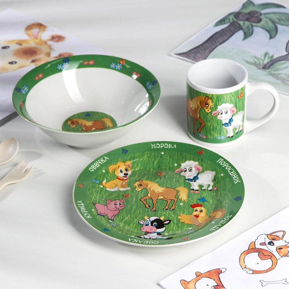Набор посуды Домашние животные 3 пр тарелка 19 см миска 18 см кружка 240 мл