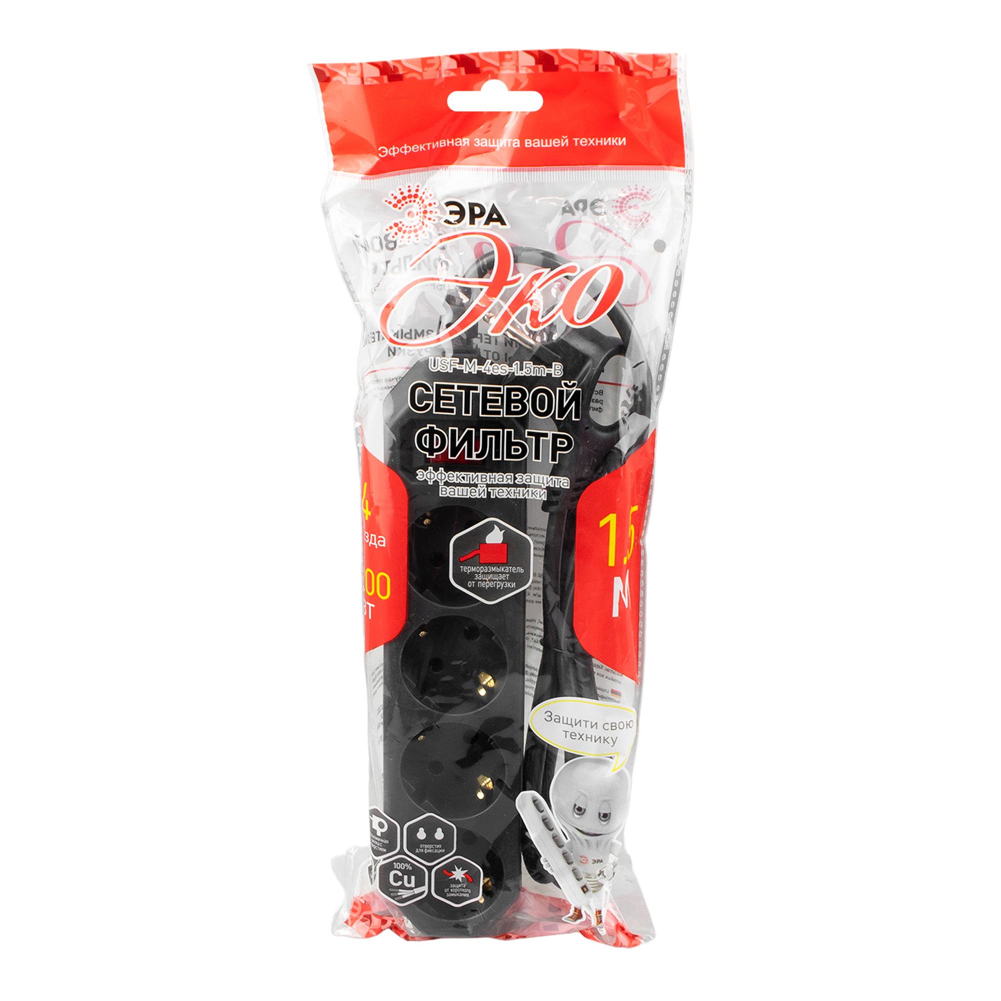 Фильтр сетевой  с заземл, 3x0,75мм2, с выкл, 4гн, 1.5м USF-M-4es-1.5m-B  ЭРА (черный)