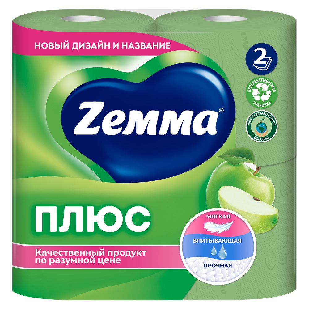 Туалетная бумага Zemma Плюс 2-слойная Яблоко 4 рулона