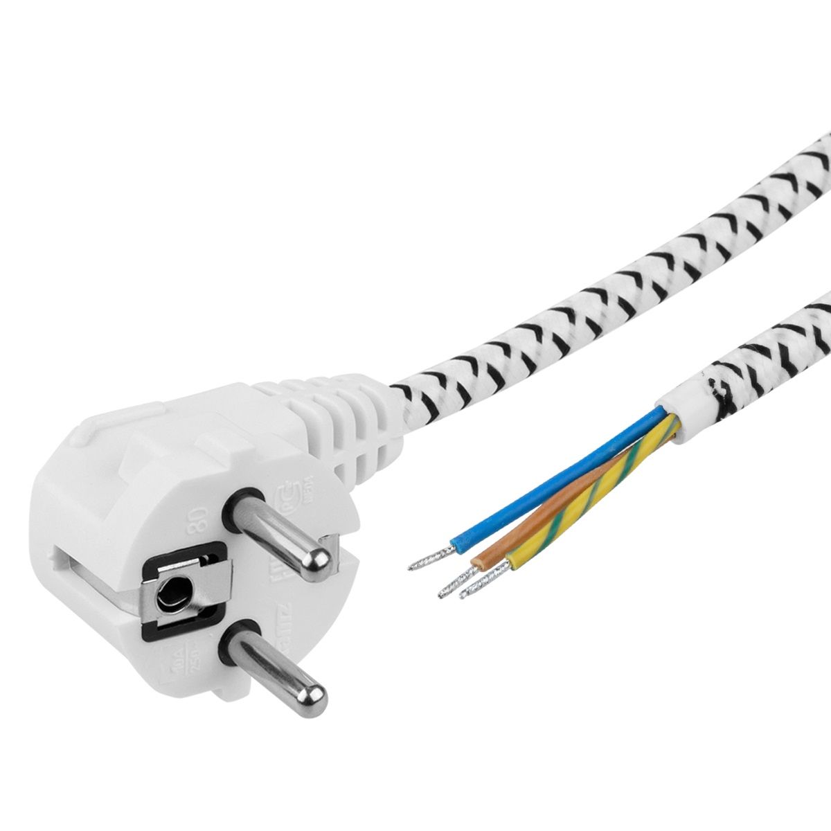 Шнур сетевой для утюга с вилкой в тканевой оплетке TDM Пвс 3x0,75 1,8 м 2400Вт с/з белый