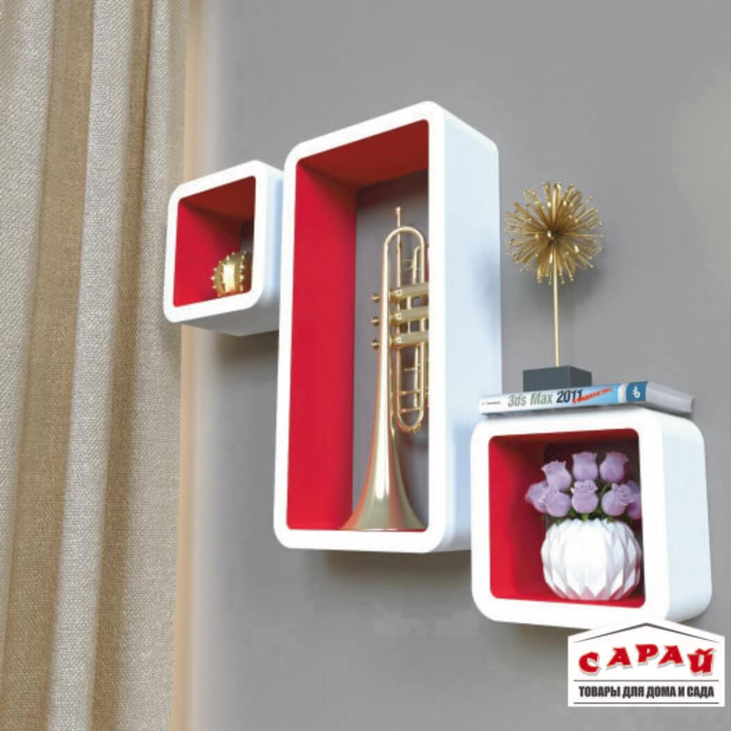 Полка QWERTY Комплект "Рио" белый/красный, 42,5*21*10см; 17*17*10см; 17*17*10см, толщина 1,8см/1