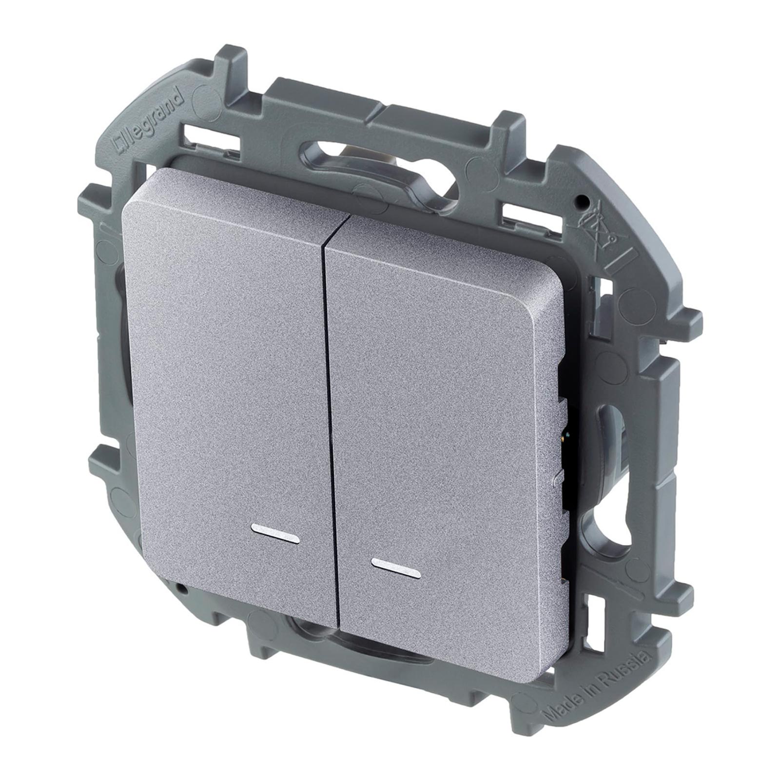 Выключатель 2-клавишный Legrand Inspiria 10А IP20 250В 10AX с подсветкой/индикацией алюминий 673632