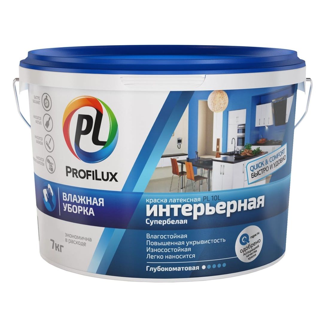 Краска ВД латексная интерьерная влагостойкая Profilux PL-10L, белая, 7 кг