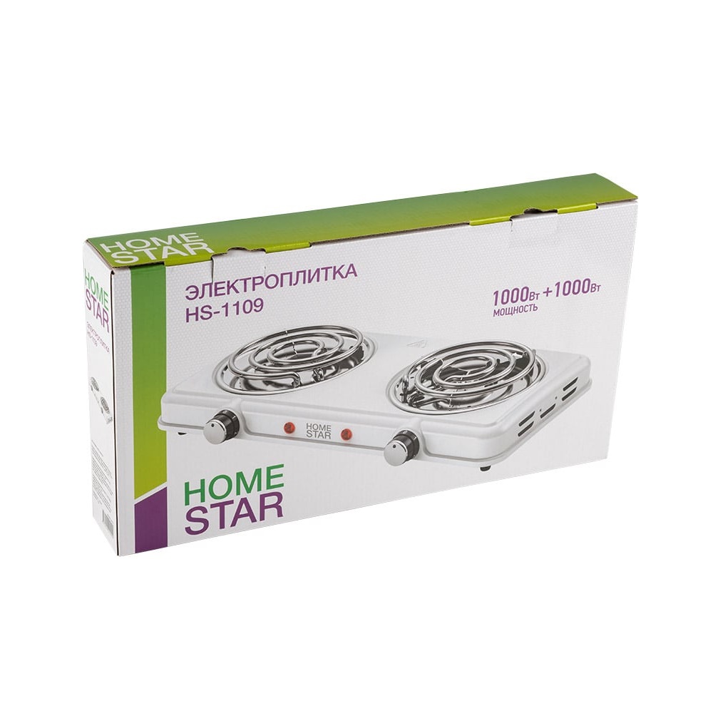 Плитка электрическая Homestar HS-1109 2 конфорки спираль 1кВт+1кВт белая