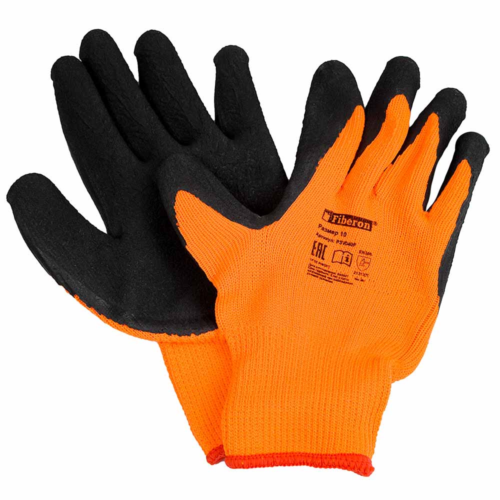 Перчатки акриловые утепленные со вспененным латексным покрытием р.10(XL) оранжево-черные Fiberon