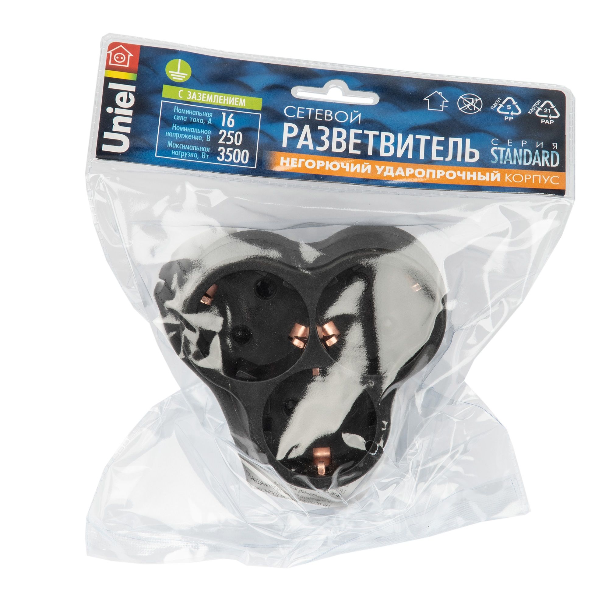 Разветвитель сетевой 3 гнезда Uniel S-GES3-16F BLACK с/з 16А 3500Вт черный