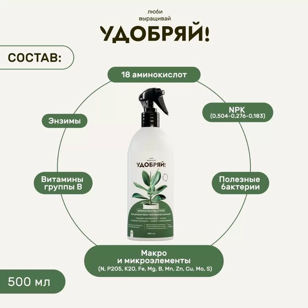 Удобрение спрей для декоративно-лиственных растений Удобряй! Биомолекулы 500 мл