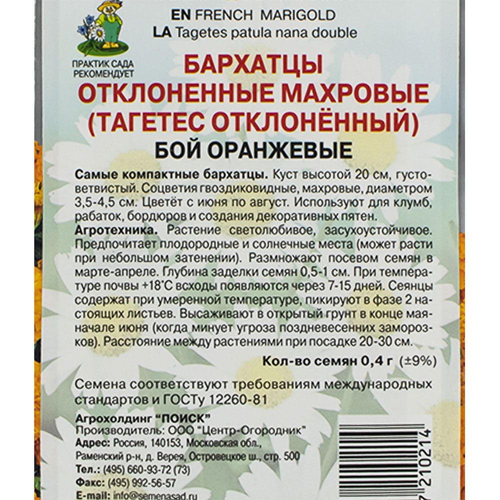 Бархатцы (тагетес) отклоненные махровые Бой оранжевые ц/п, 0,4гр