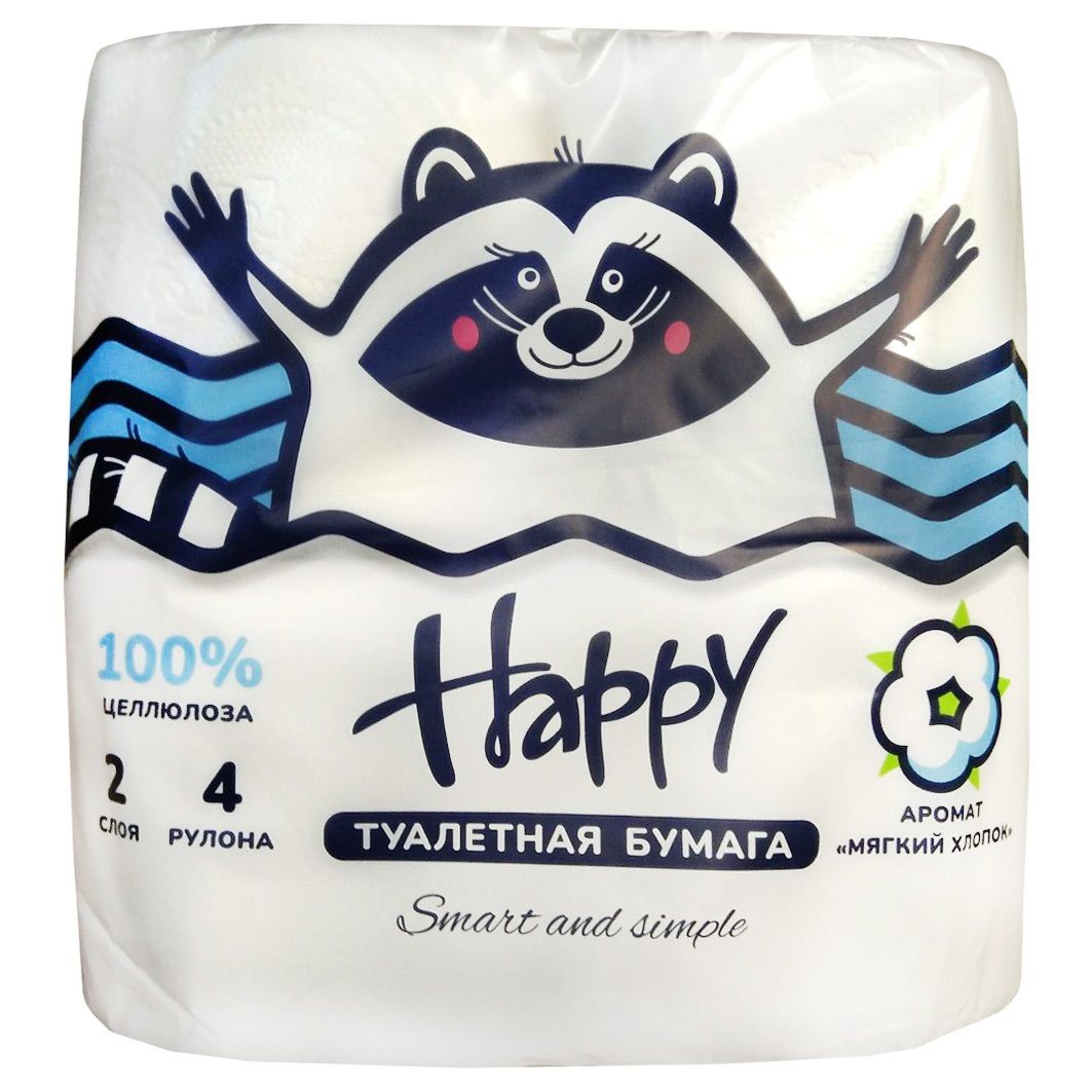 Туалетная бумага Happy 2-слойная белая 4 рулона