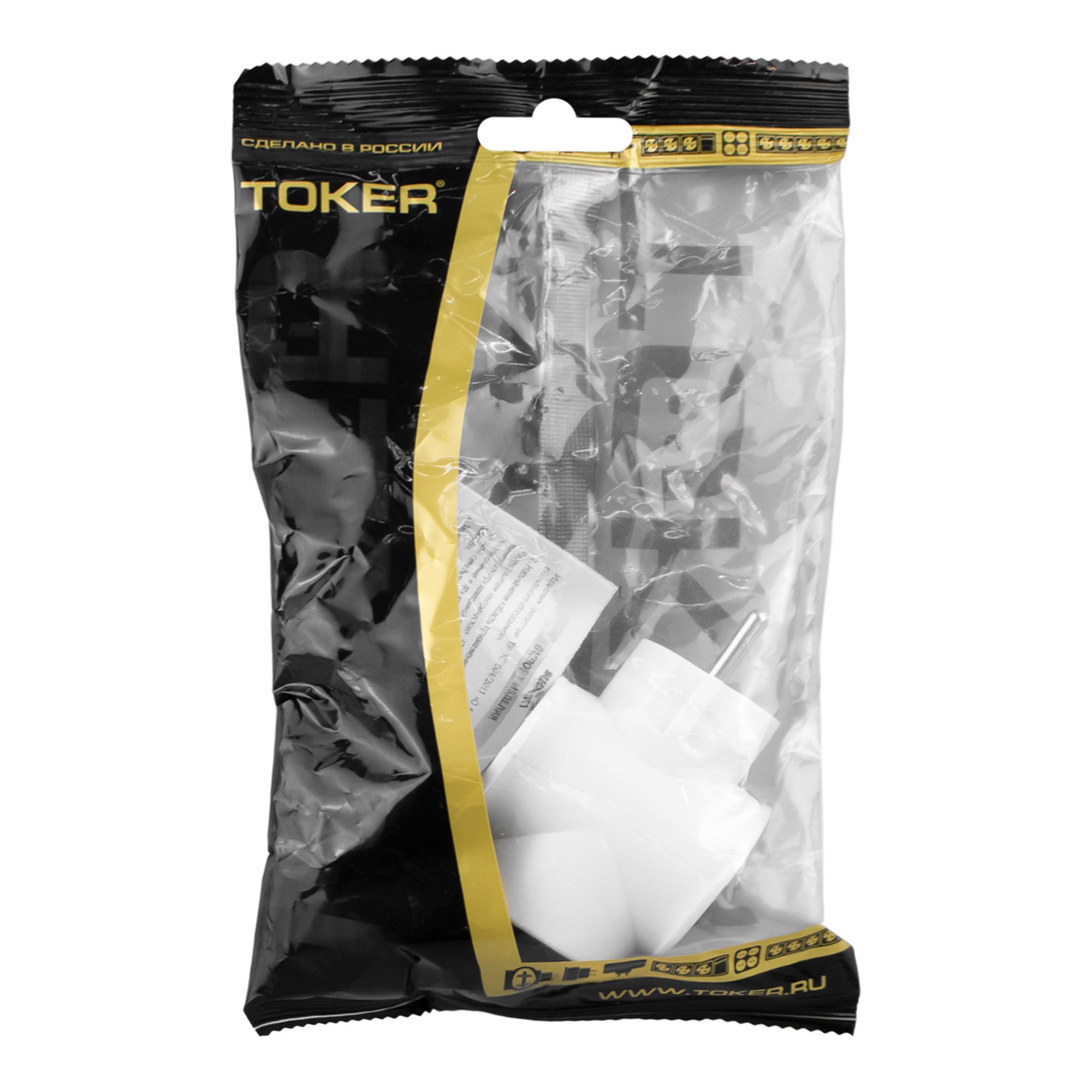 Тройник "TOKER" 3T1 250В 16А верхнее гнездо с/заз., большой (белый)