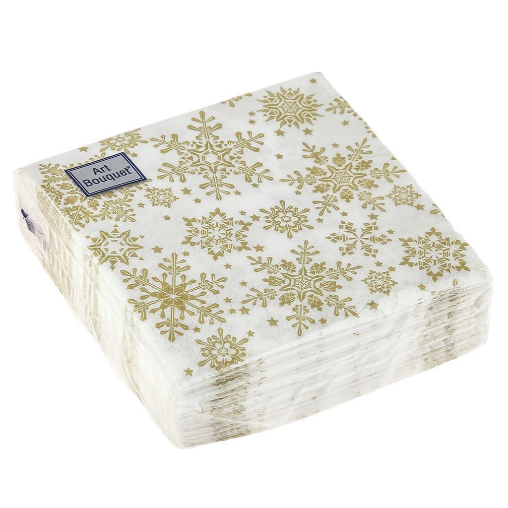 Салфетки бумажные Золотые снежинки 20х20 см 2-х слойные 30 шт