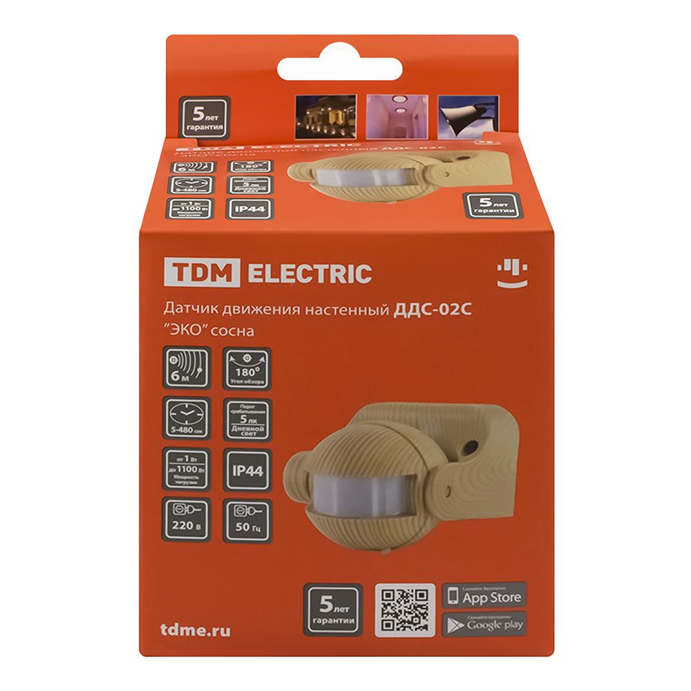 Датчик движения  настенный ДДС-02С 1100Вт, 5-480с,6м,5+Лк,180гр, IP44,ЭКО сосна TDM