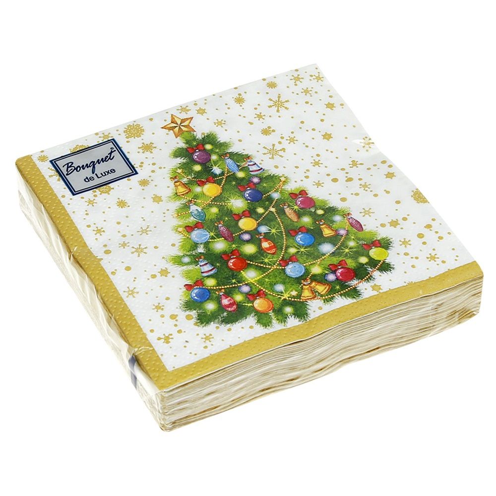 Салфетки бумажные Новогодняя ель на белом 24х24 см 3 сл 25 шт Bouquet de Luxe