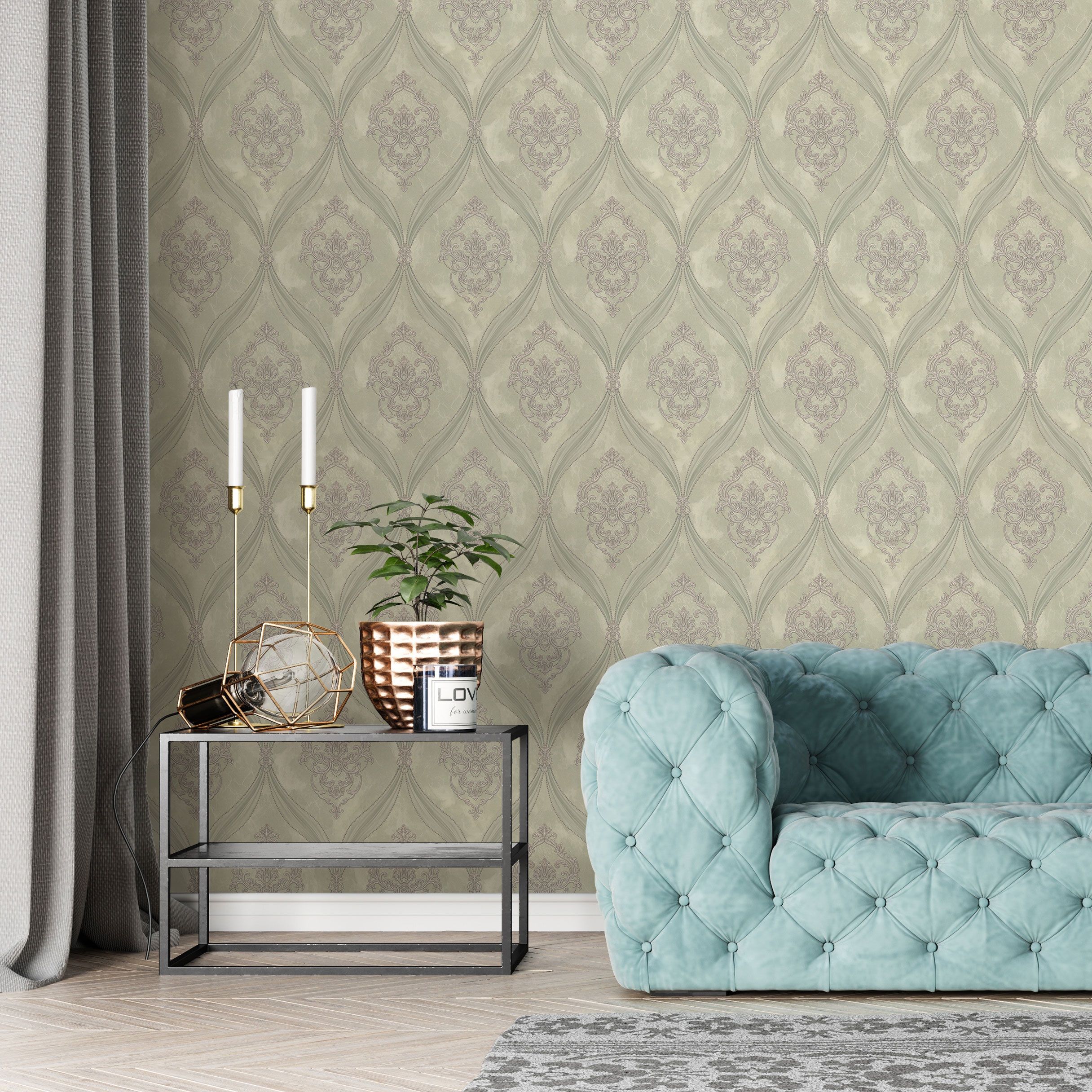 Обои Euro Decor Matilda 7294-04 фисташковые дамаск 1,06х10,05 м