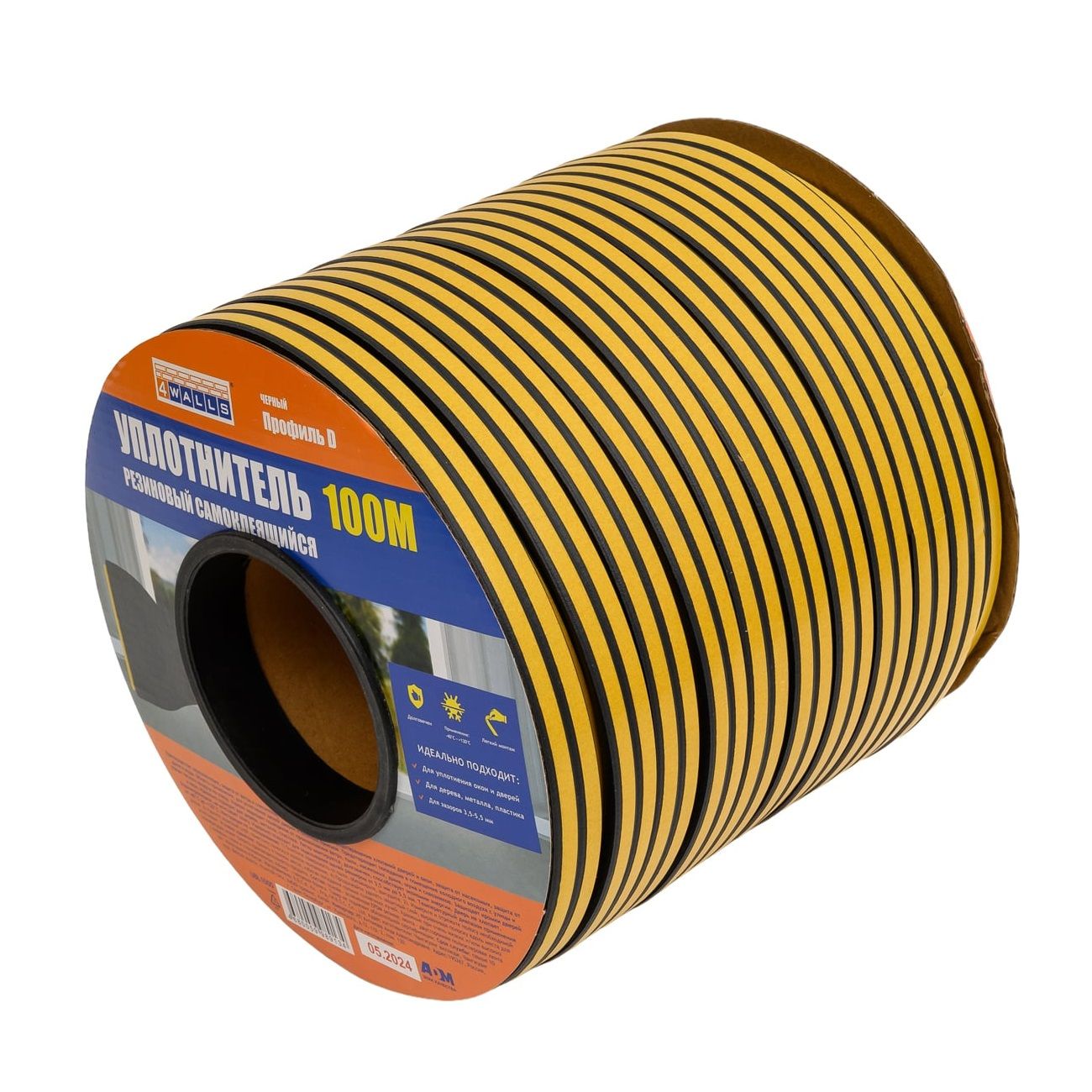 Уплотнитель для окон и дверей D-профиль 4Walls 8x9 мм черный