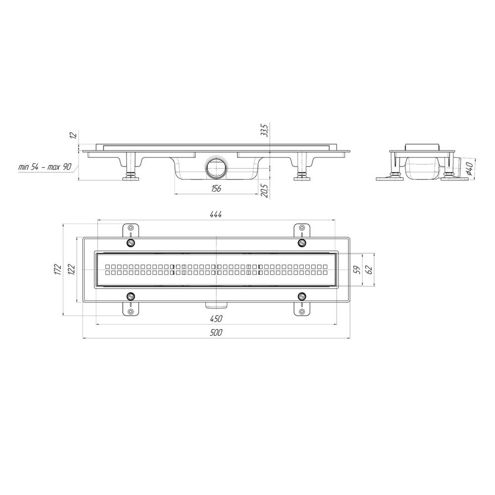 Трап линейный гориз спуск 40 мм 450х62 мм нерж Риф АНИпласт TL1245G