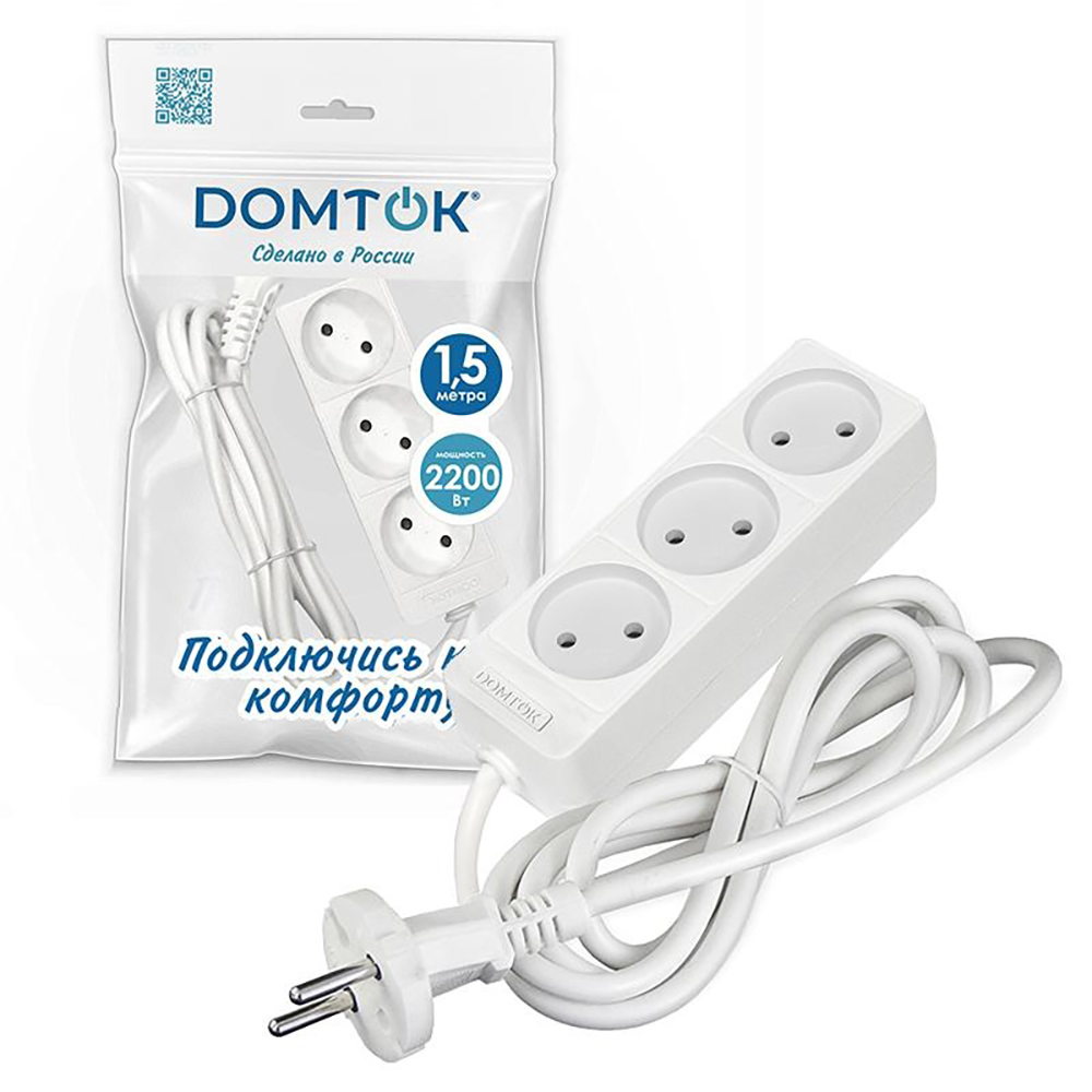 Удлинитель сетевой Domtok Лидер 2х0,75 3 гнезда 1,5 м 10А б/з белый