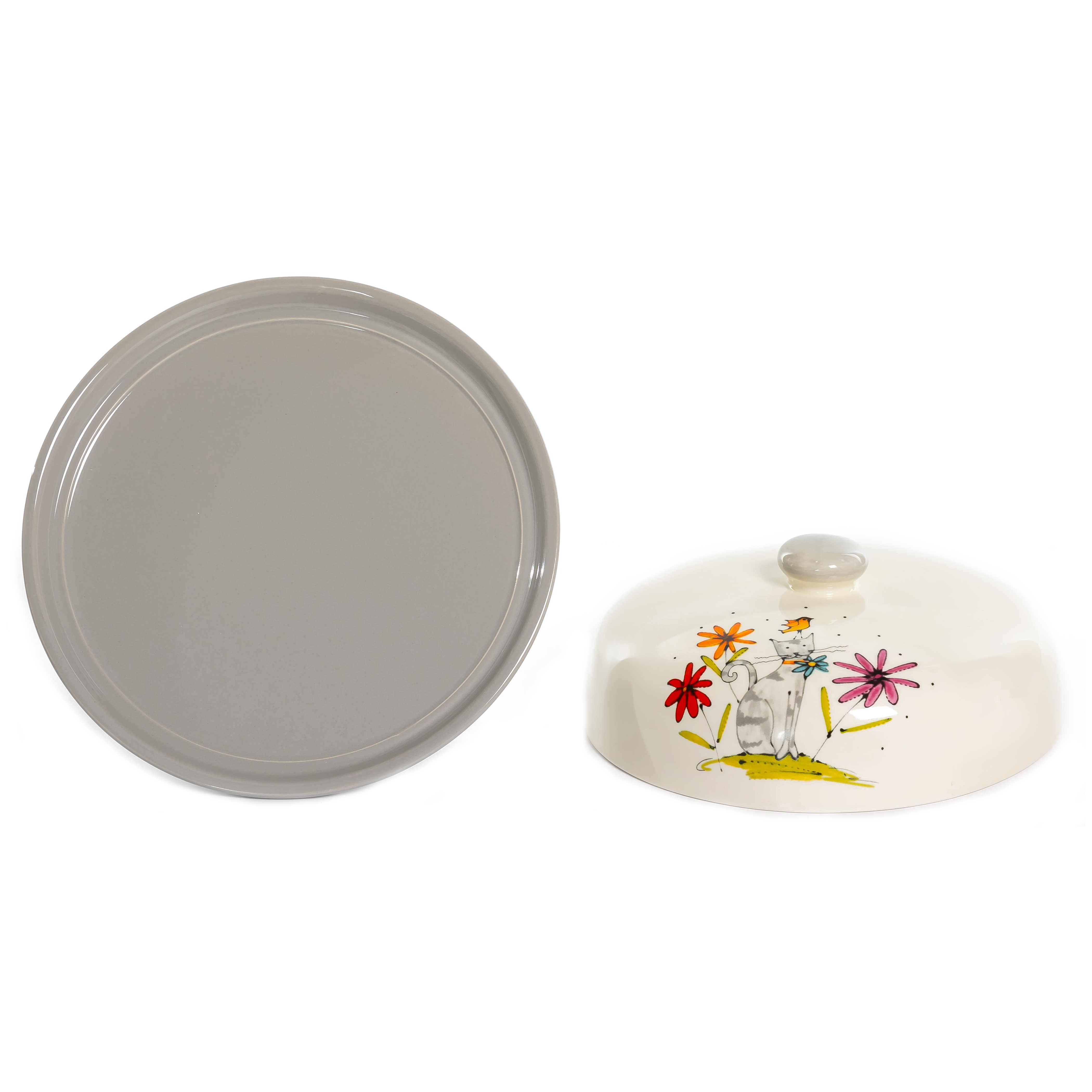 Блюдо для блинов с крышкой Cерый кот 23х11 см керамика