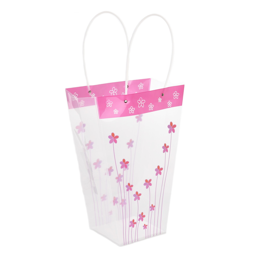 Пакет подарочный для цветов 15х16х29х42 см прозрачный c ярко-розовыми цветочками