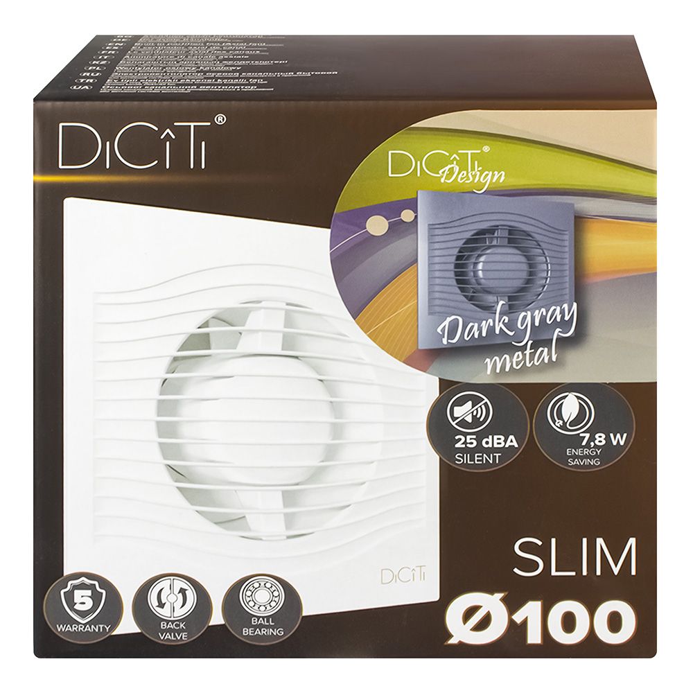 Вентилятор осевой вытяжной с обратным клапаном D 100, декоративный SLIM 4C dark gray metal