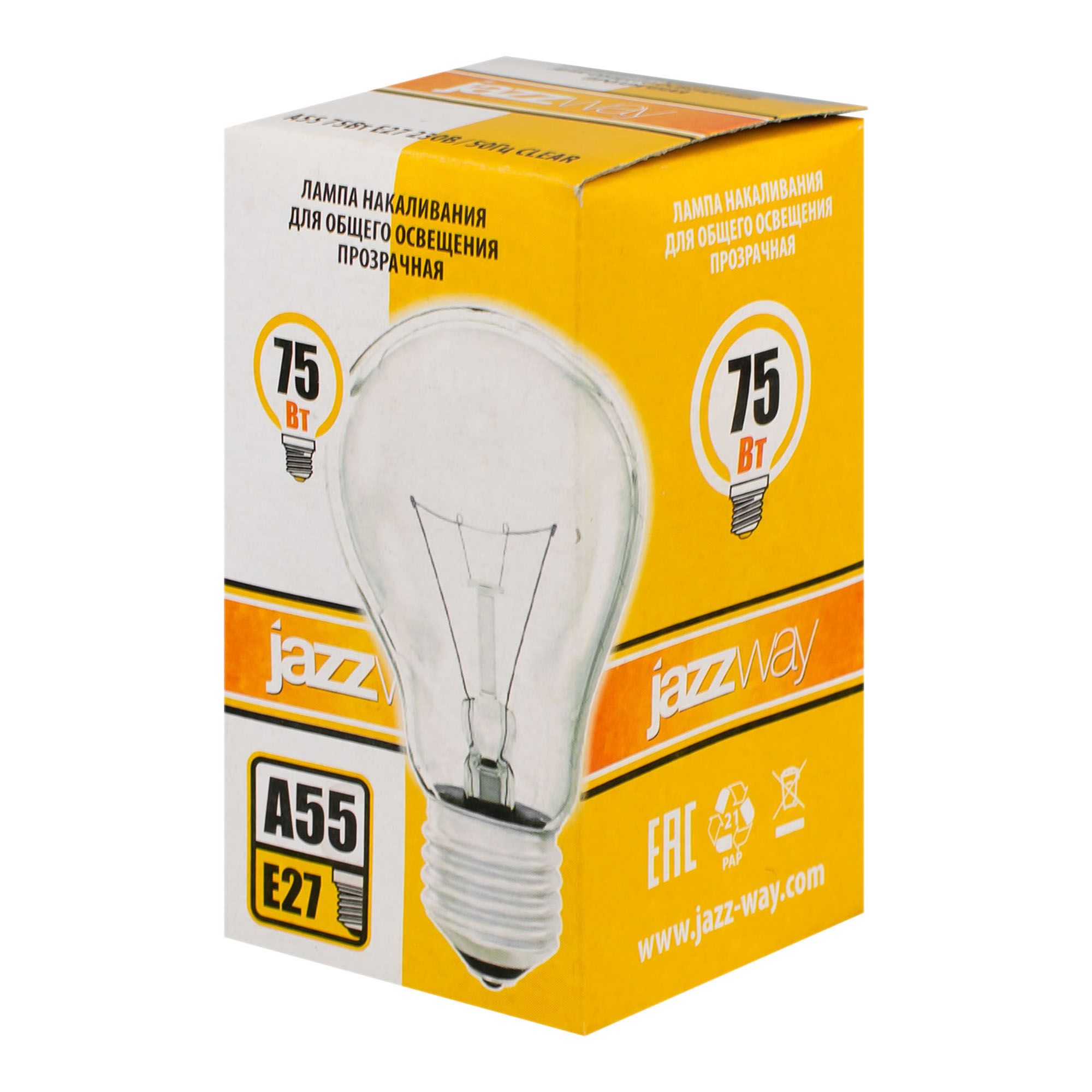 ЛАМПА накаливания  A55  240V 75 Вт 930Лм E27 проз.Jazzway  (Б 230-75-5)
