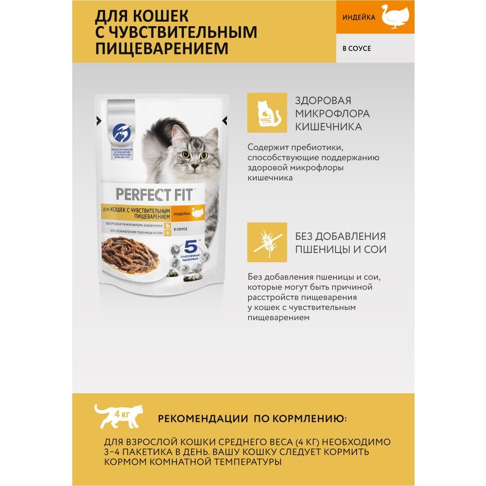 Корм для кошек с чувствительным пищеварением влажный Perfect Fit Индейка 75 г