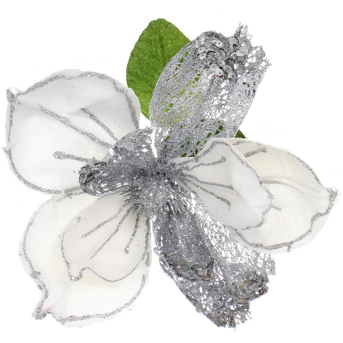 Украшение новогоднее Пуансеттия-Рожедественская красавица 23 см белый/серебро 196-0942