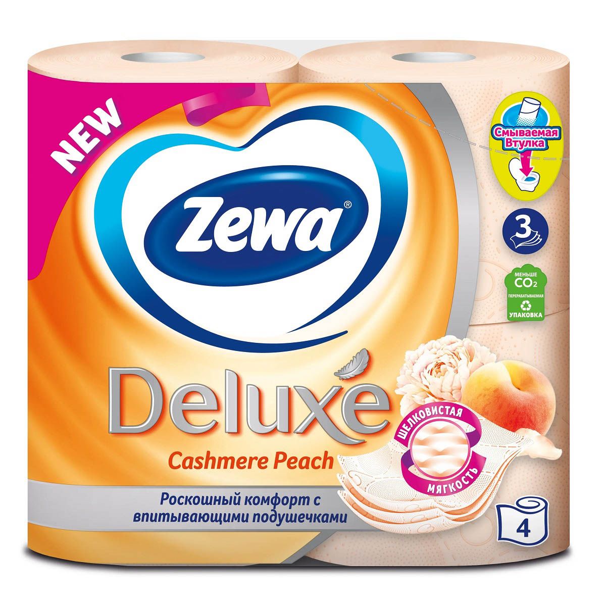 Туалетная бумага Zewa Deluxe 3-слойная с ароматом персика 4 рулона