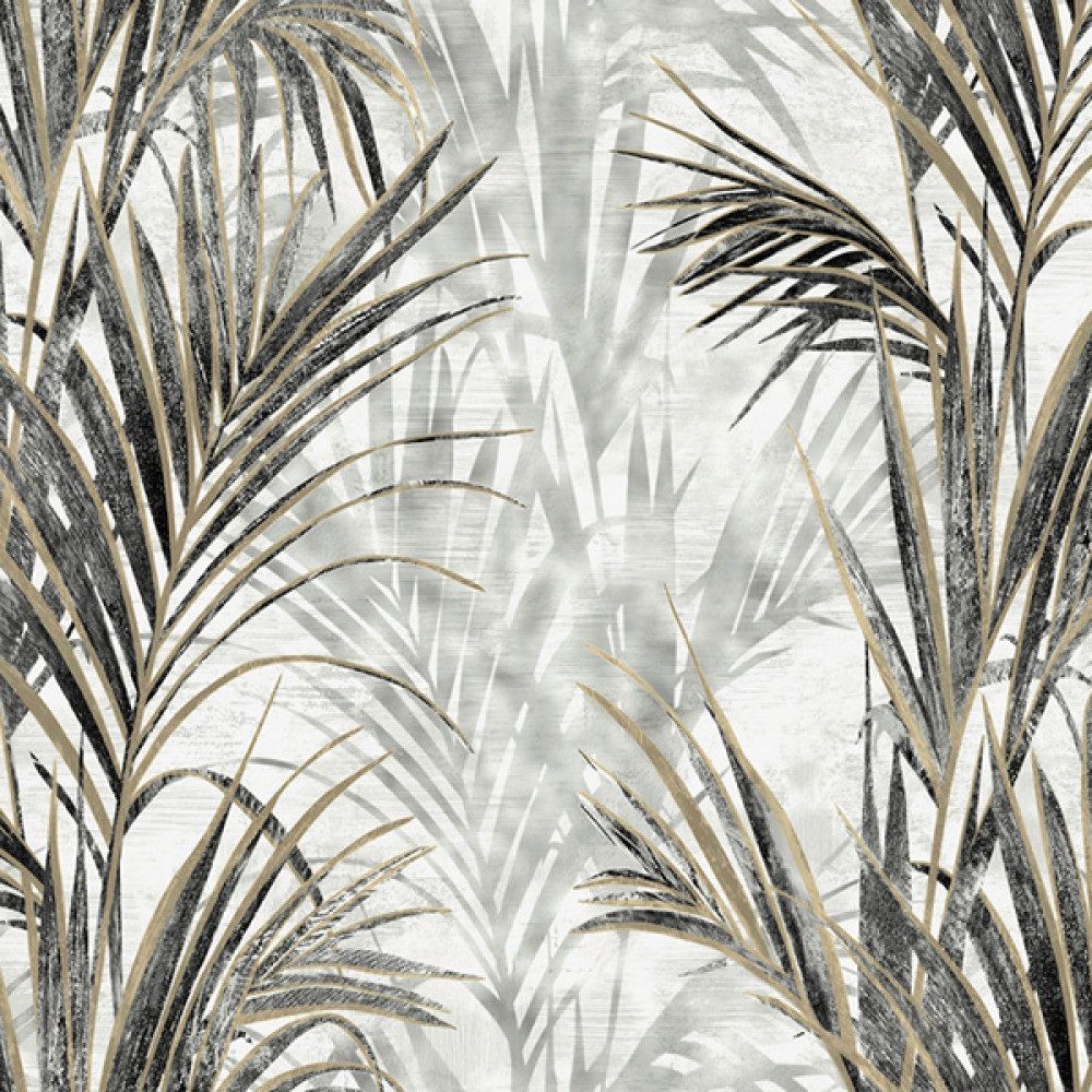 Обои Erismann Tanzania 60491-05 белые, серые с золотом листья пальмы 1,06х10,05 м