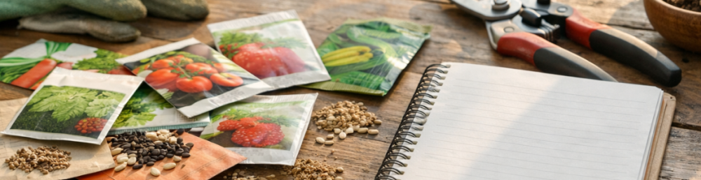 Семена и инструменты на столе рядом с рассадой — подготовка к посевам по лунному календарю 2026