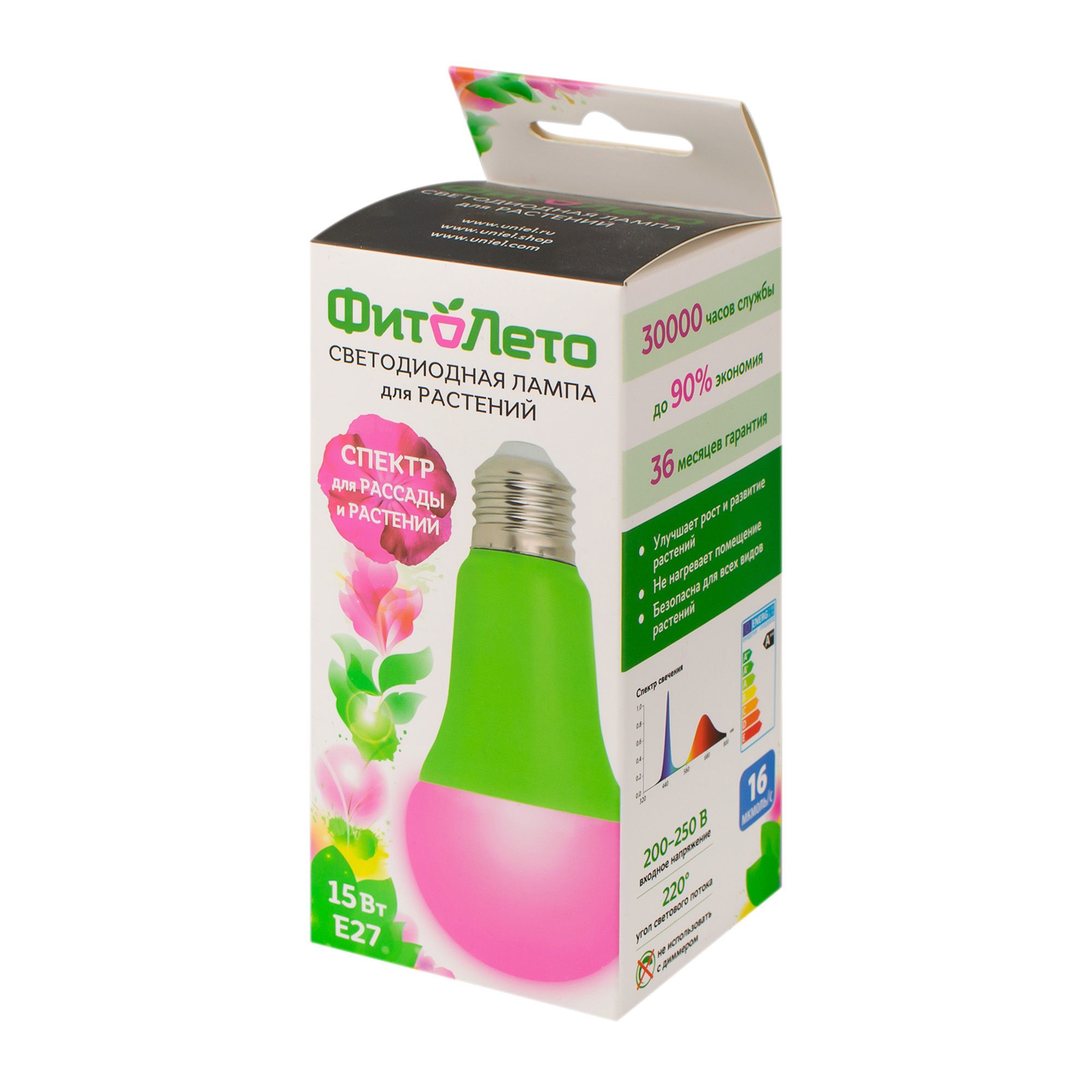 Лампа светодиодная для растений Форма A прозрачная Спектр для рассады и цветения Картон LED-A60-15W/SPSB/E27/CL PLP30GR