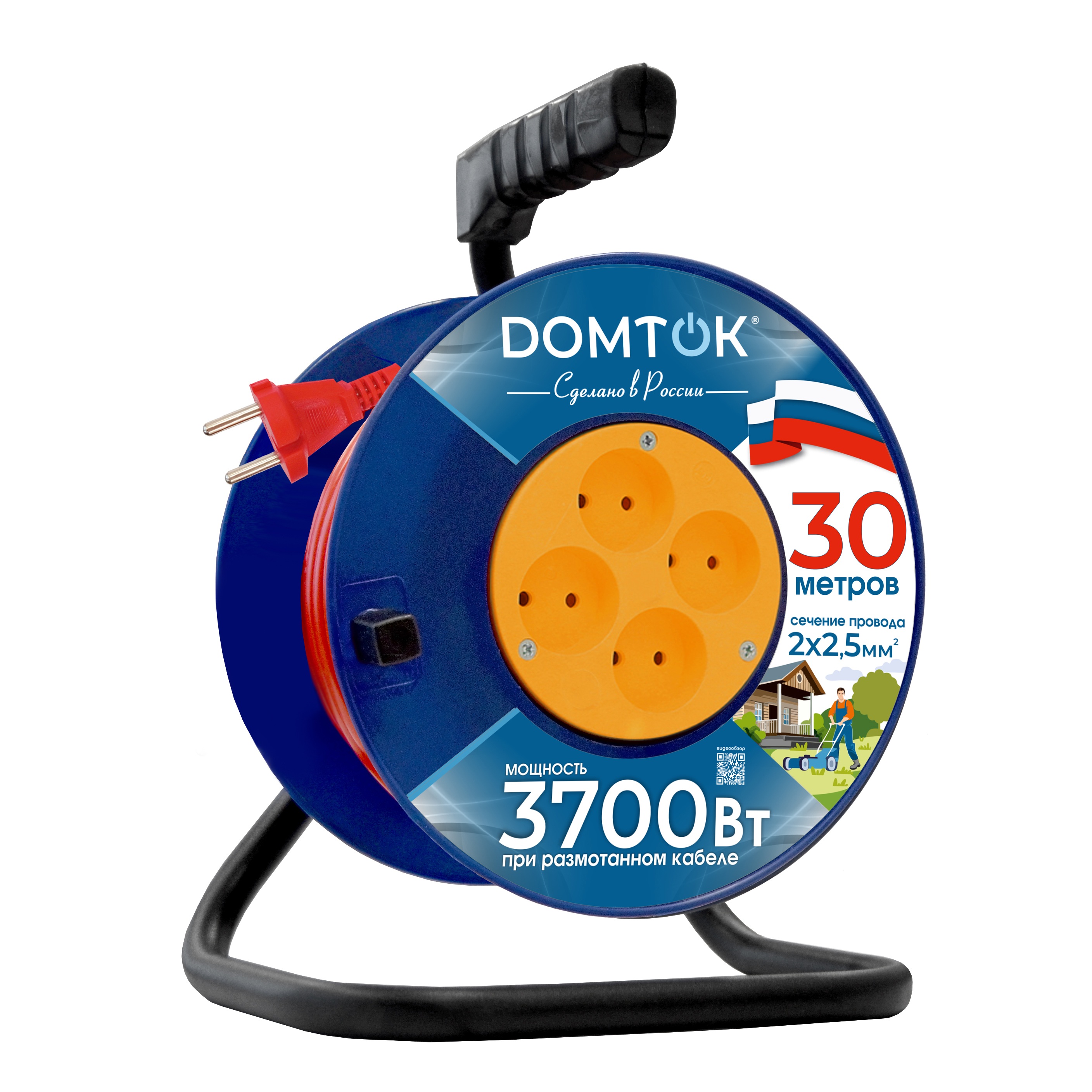 Удлинитель силовой на катушке Domtok Пвс 2х2,5 4 гнезда 30 м 16 A IP44 б/з красный