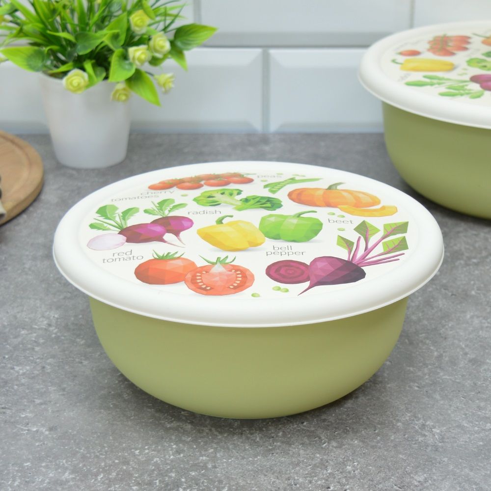 Миска круглая 2,1 л с крышкой с декором салатовая