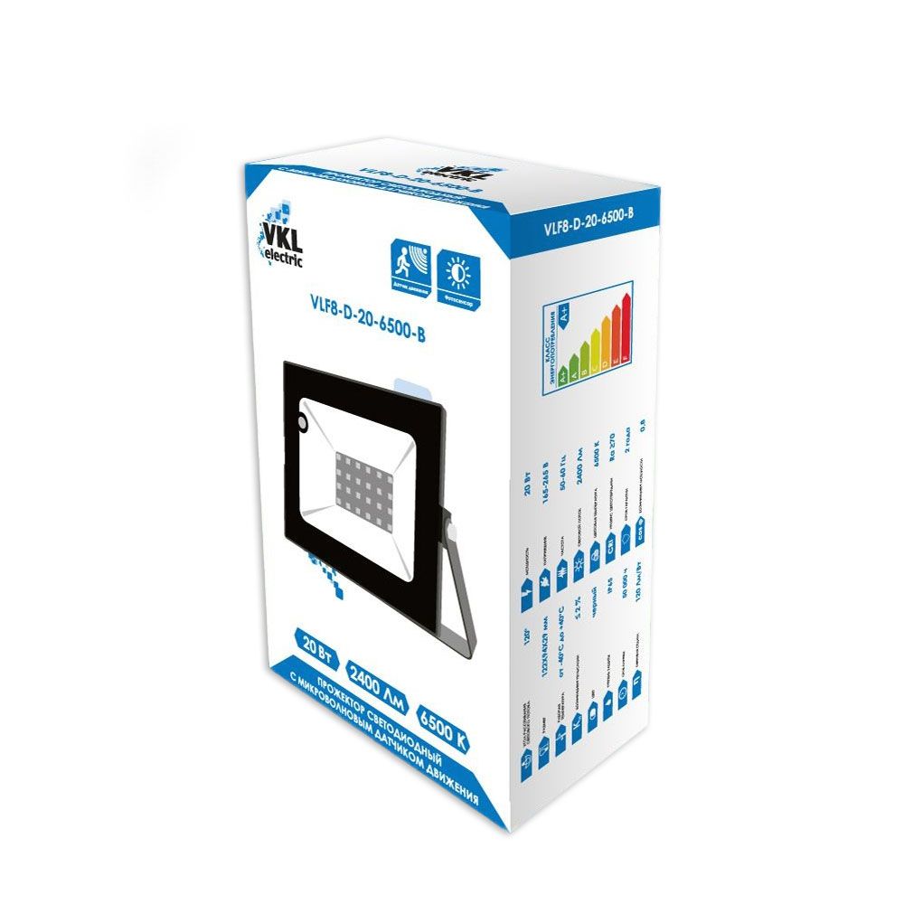Прожектор светодиодный VKL electric VLF8-D-20-6500-B 20W 6500К 2400Лм IP65 черный с датчиком движ