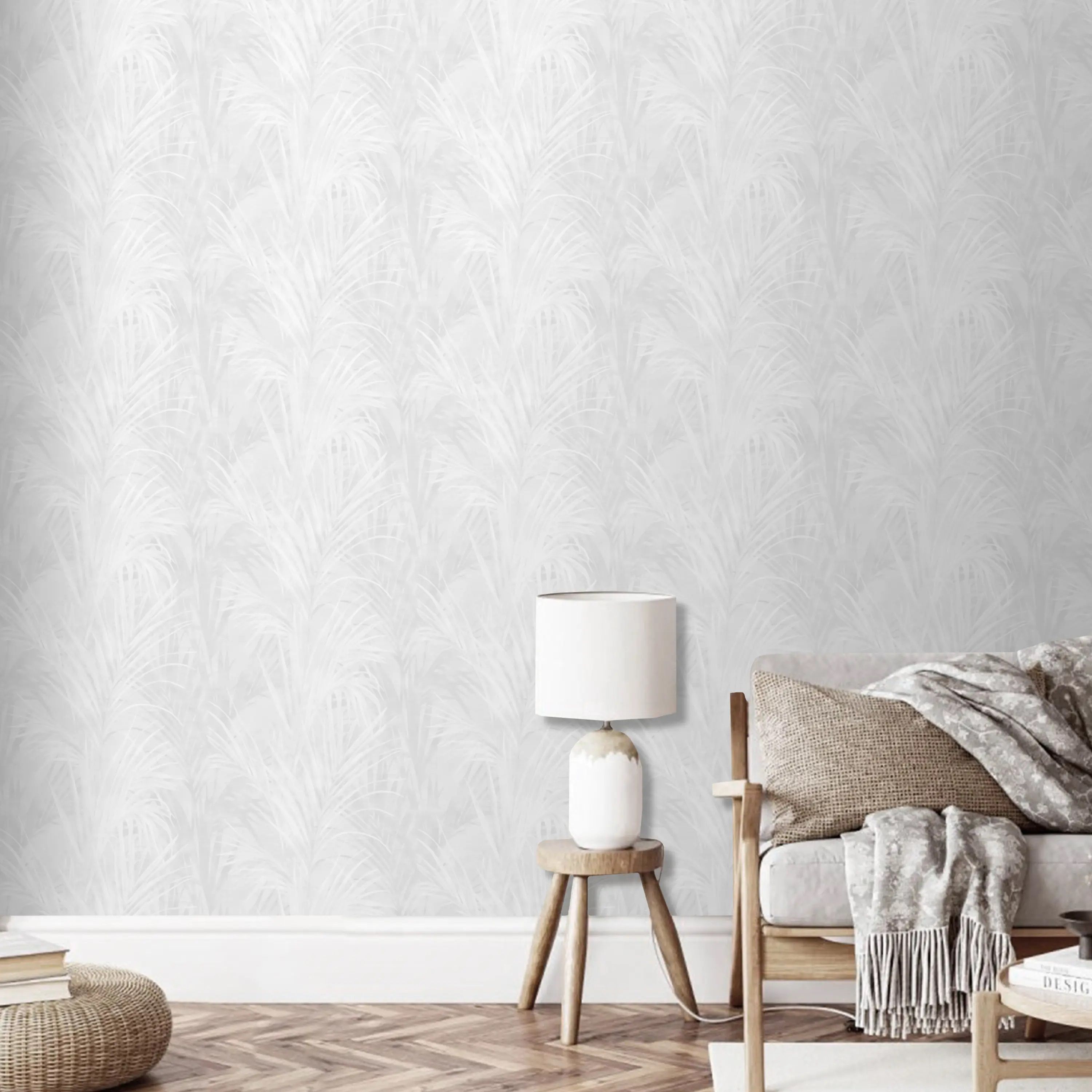 Обои Erismann Tanzania 60491-02 белые, серые листья пальмы 1,06х10,05 м