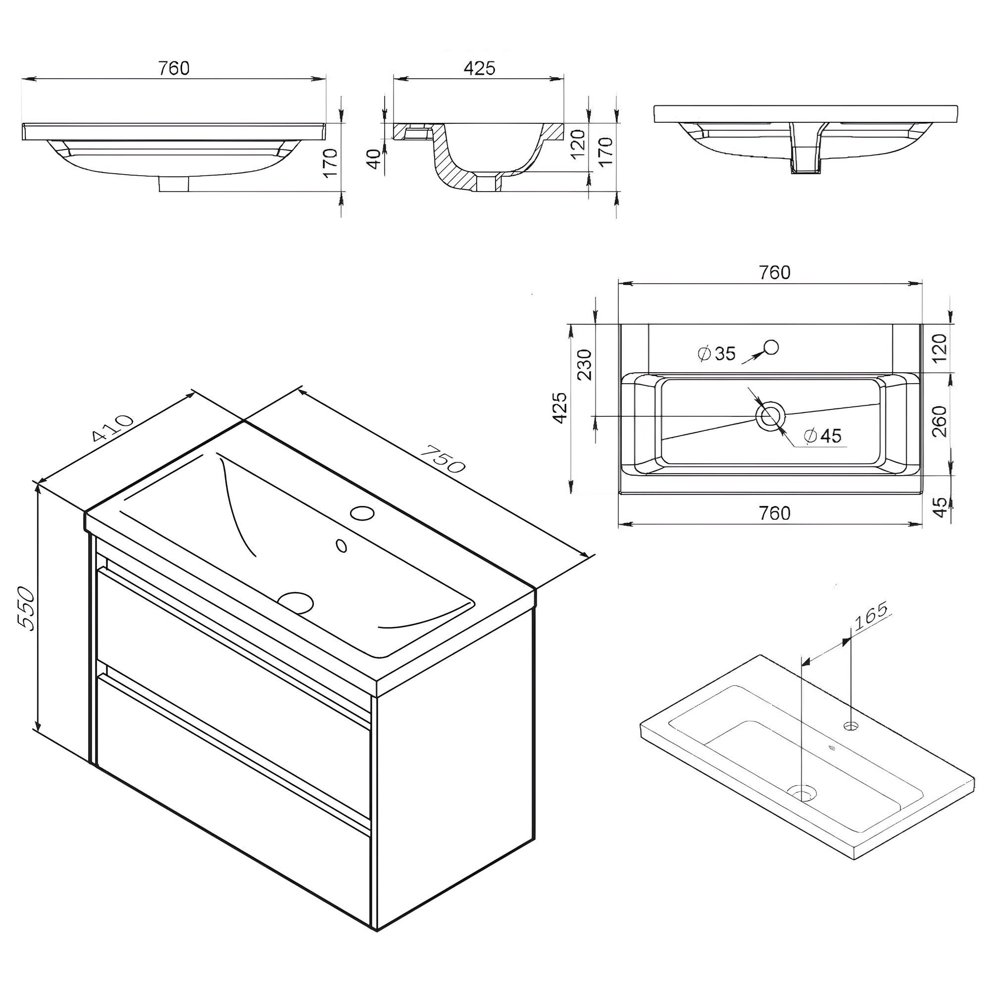 Тумба подвесная AM.PM Pulse 2 ящика белая/графит с раковиной