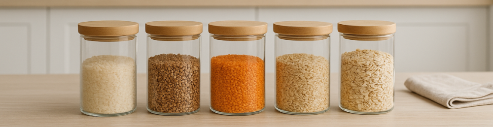 Стеклянные банки с деревянными крышками, заполненные крупами, выстроенные в ряд на светлой кухне в минималистичном сканди-стиле.