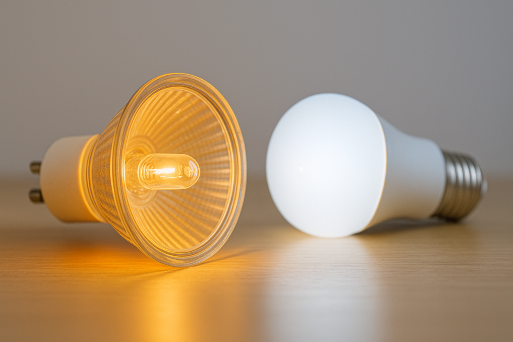 Сравнение включённых галогеновой и светодиодной ламп, тёплый и холодный свет, горизонтальное фото